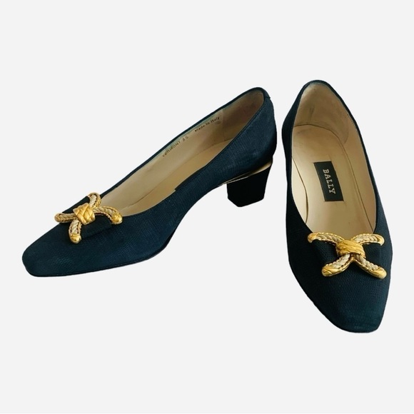 BALLY Vermont Navy Blue Leather Pumps Low Heels Bow Women’s Size 5 - Picture 2 of 8
